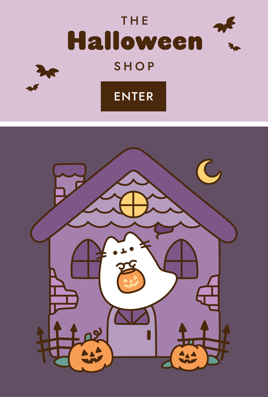 Enter The Halloween Shop on Pusheen Shop to shop spooky goodies and fall-themed accessories