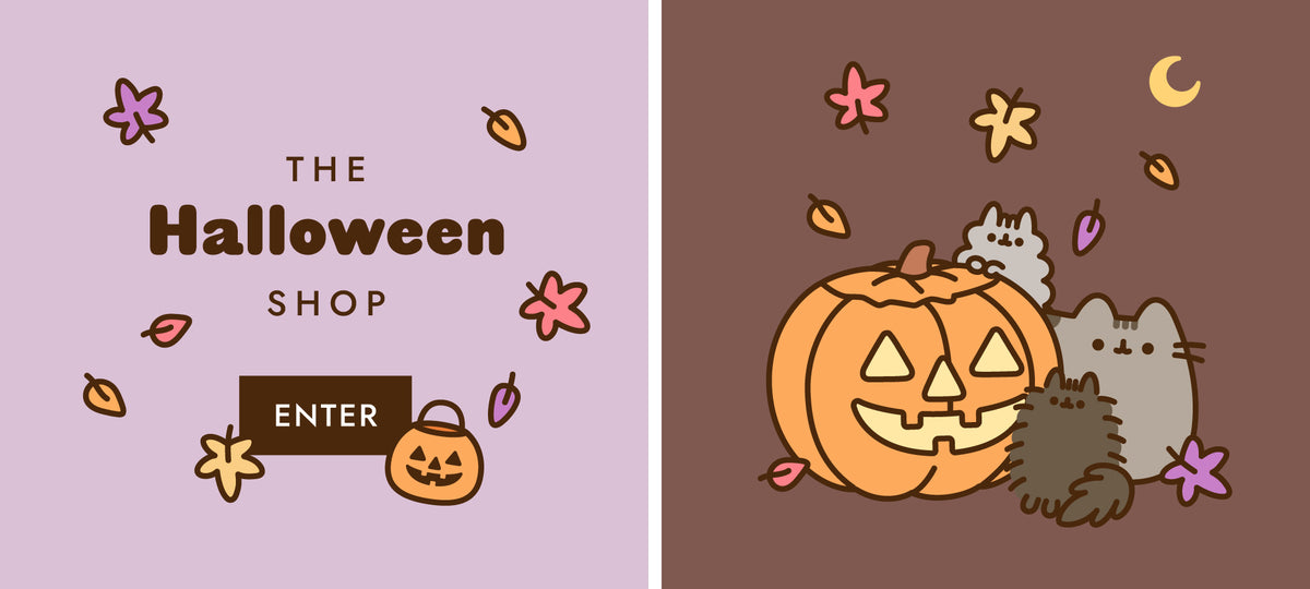 Three gray cats sit by a jack-o-lantern pumpkin welcoming fans to enter The Halloween Shop