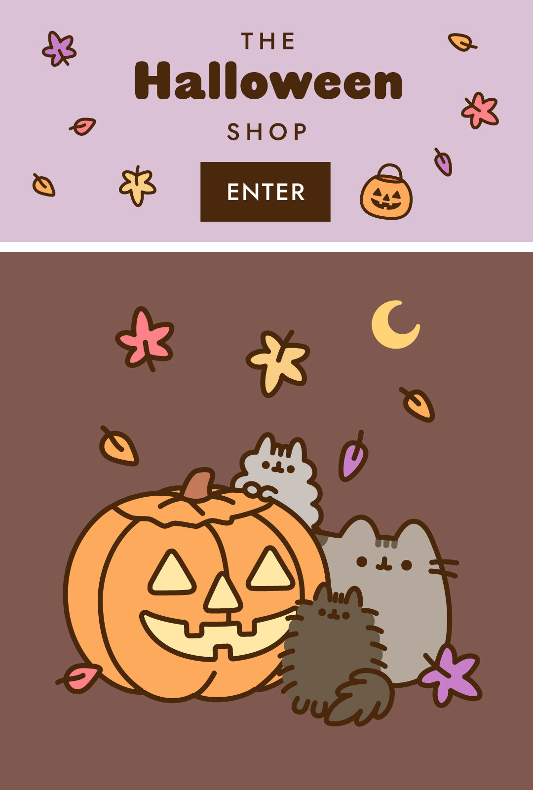 Three gray cats sit by a jack-o-lantern pumpkin welcoming fans to enter The Halloween Shop
