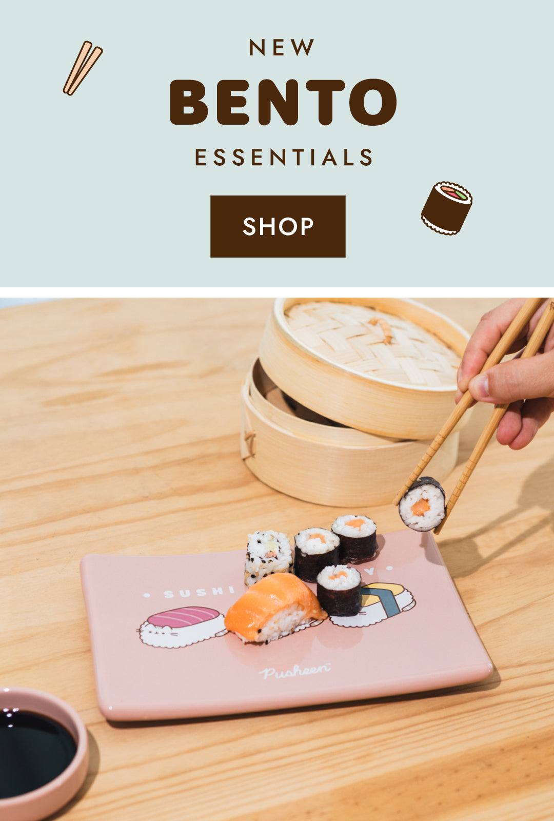 New Pusheen meal time accessories including a Sushi Set with a tray, soy sauce holder, and chopsticks