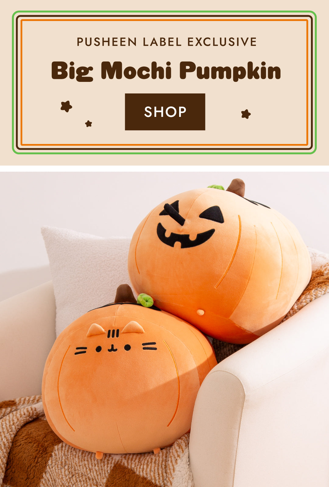 Two large Pusheen Pumpkin plush stacked on top of a chair. One side of the plush has a jack-o-lantern face and the other side has Pusheen the Cat's face.