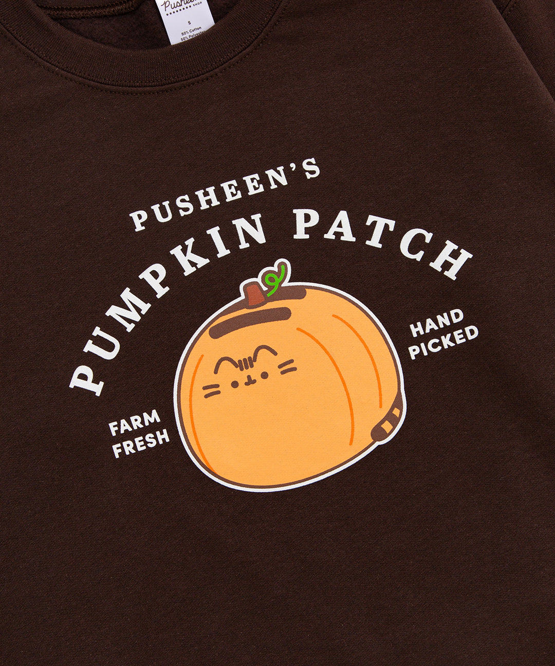 Close-up of the printed graphic on the brown sweatshirt. The graphic features Pusheen as a large orange pumpkin with a stem and leaf. Surrounding the pumpkin are the following phrases "Pusheen's Pumpkin Patch," "Farm Fresh," and "Hand Picked."