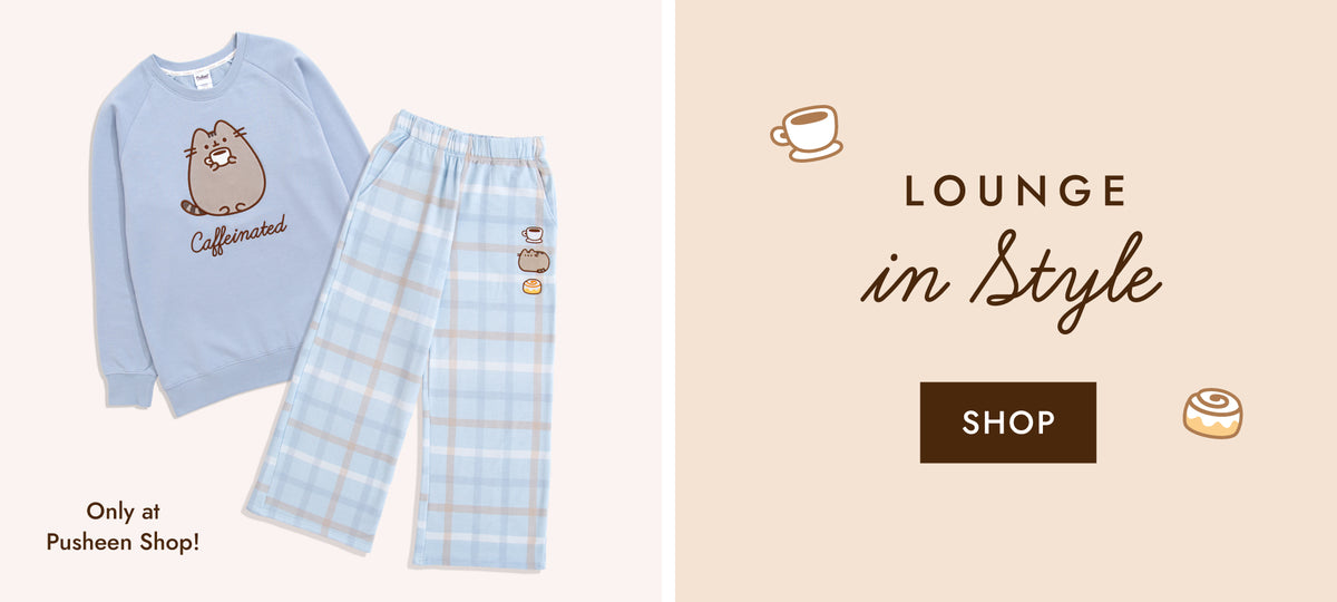 New Pusheen Caffeinated Loungewear Set includes light blue crew neck sweater and plaid wide-leg pants