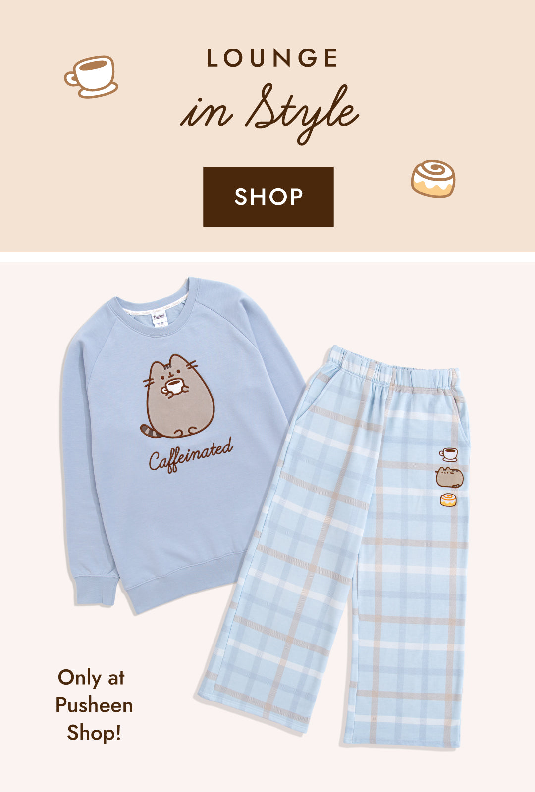 New Pusheen Caffeinated Loungewear Set includes light blue crew neck sweater and plaid wide-leg pants