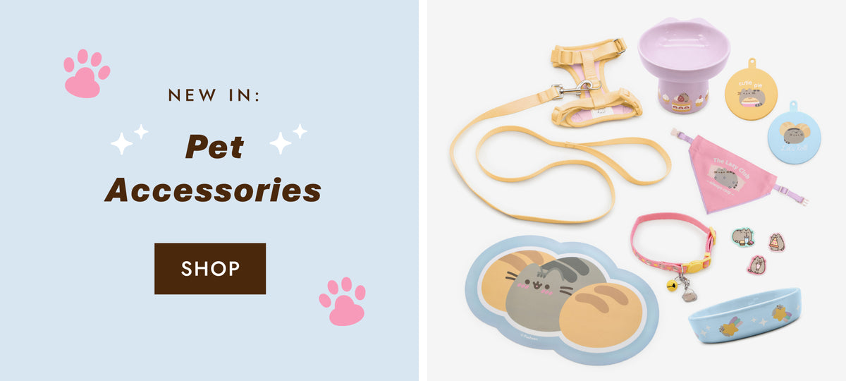 New Pusheen Pet Accessories include food bowls, food can covers, food mat, bandana, collar, collar charms, and a harness set.