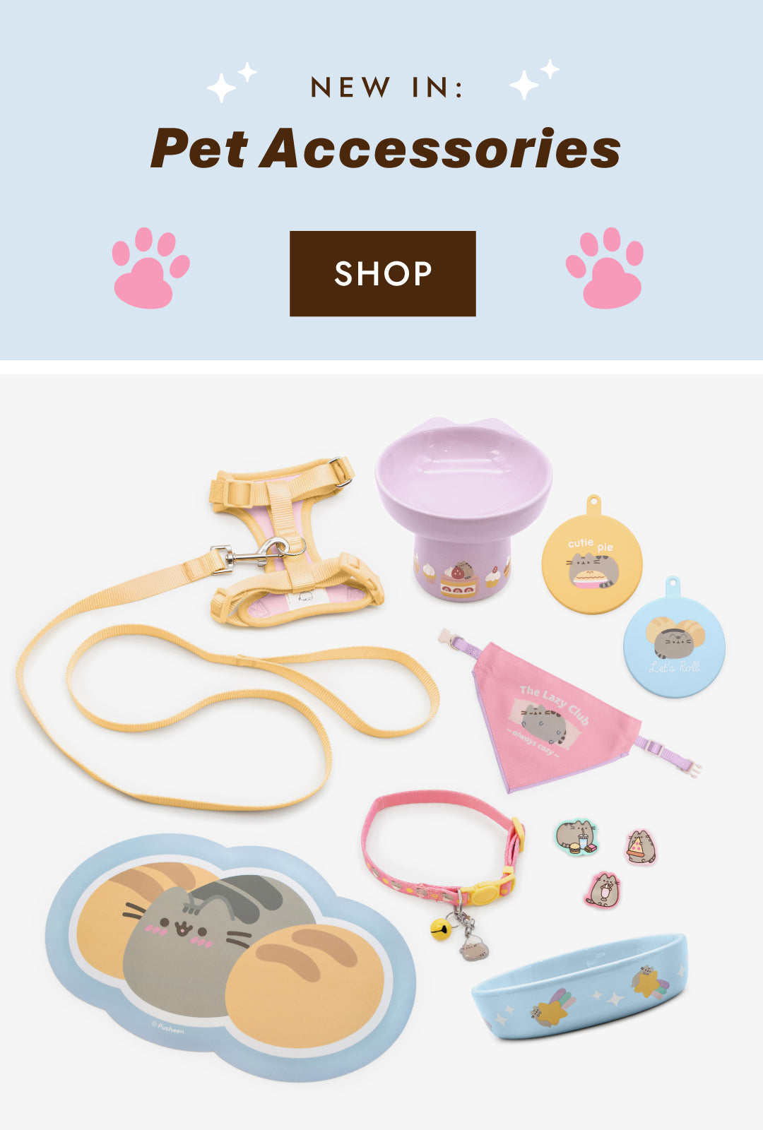 New Pusheen Pet Accessories include food bowls, food can covers, food mat, bandana, collar, collar charms, and a harness set.