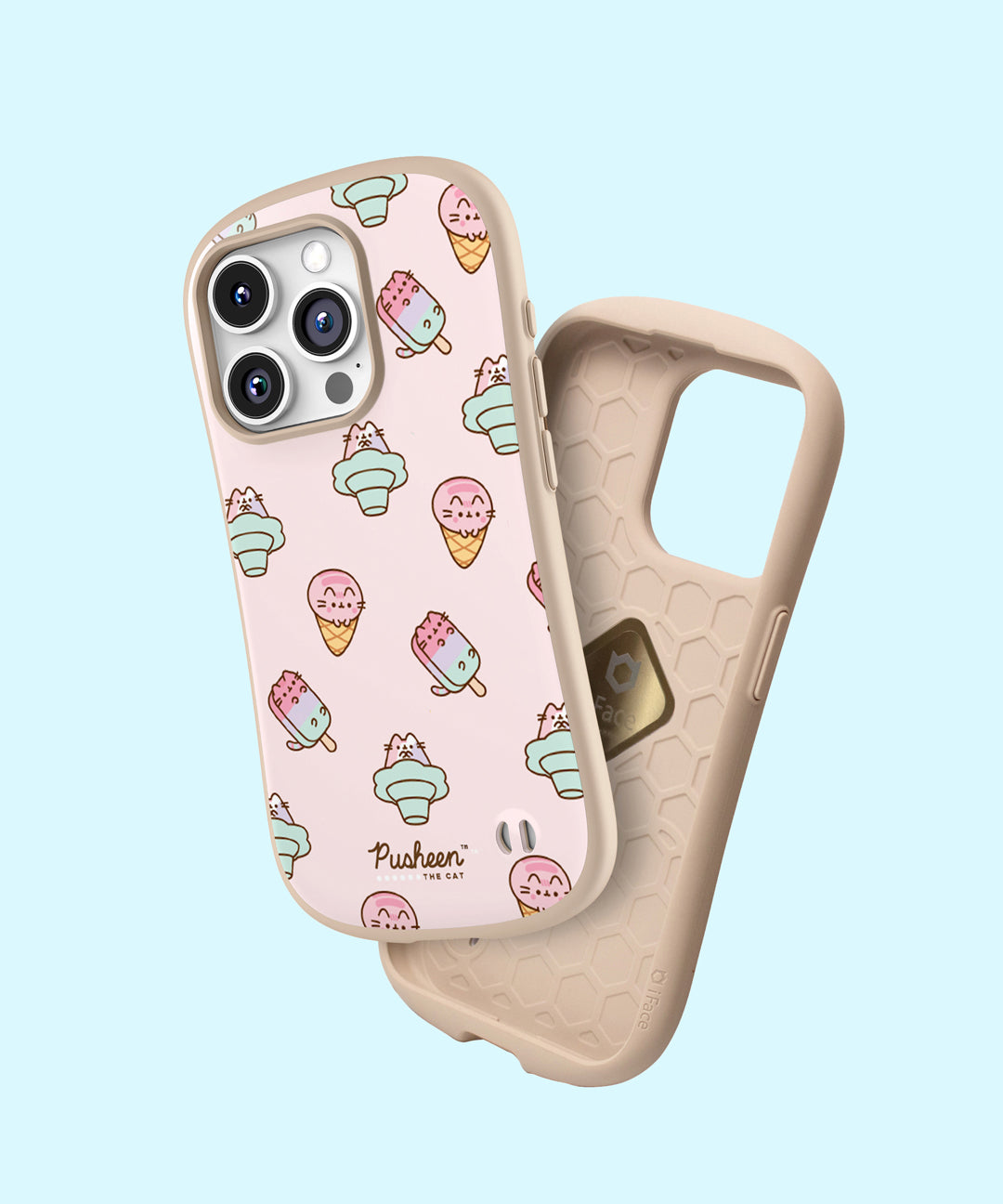 View of the outer shell and interior of the Pusheen Ice Cream Phone Case. The pink case has a tan bumper and interior lining. The case also has a spot to add a phone charm in the bottom right corner.