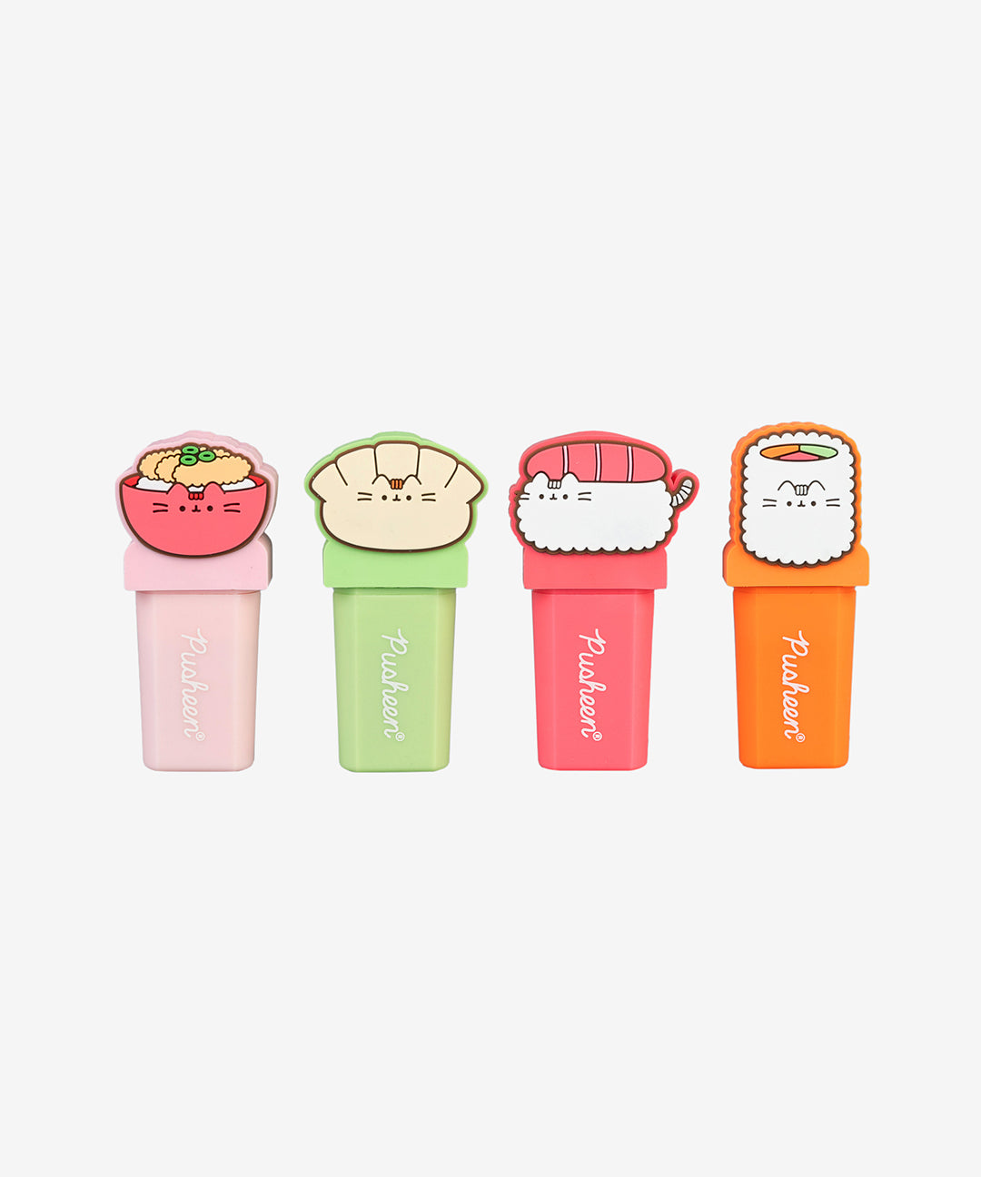 All four Pusheen Bento highlighters in a row. From left to right, Pusheen the Cat takes the form of katsu rice bowl, a gyoza, a tuna sushi, and rice sushi roll. Each highlighter has a different color casing. 