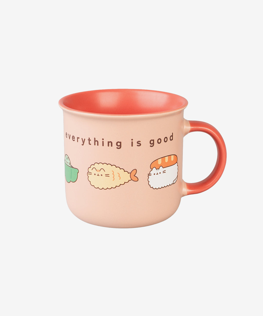 Side view of the Pusheen Bento Mug that is light pink with a coral colored handle and interior. The mug features printed graphic Pusheen characters and the phrase "everything is good"