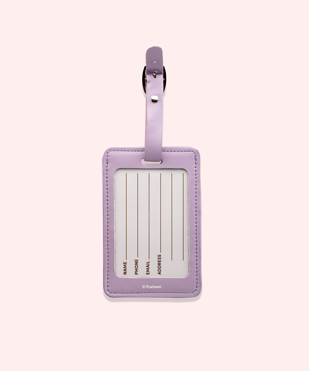 Pusheen luggage tag with a purple strap and purple base material. Included with the tag is a luggage owner information card.