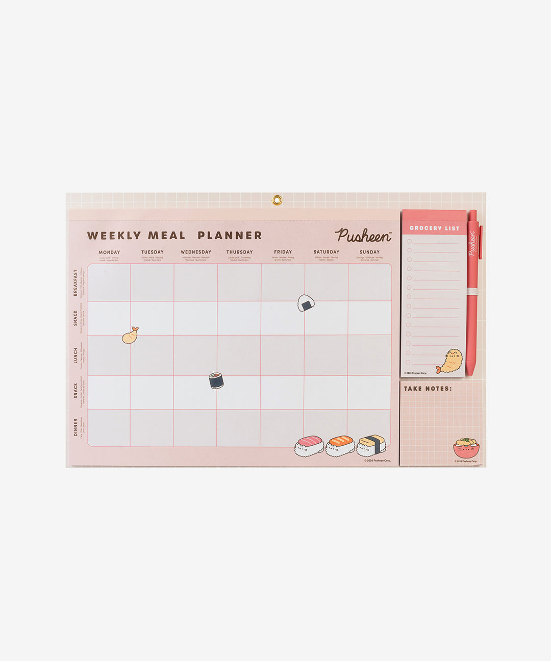 Pusheen Magnetic Meal Planner pad includes a weekly meal planner with tear-off pages, a grocery shopping list, sticky notes, and a pen.