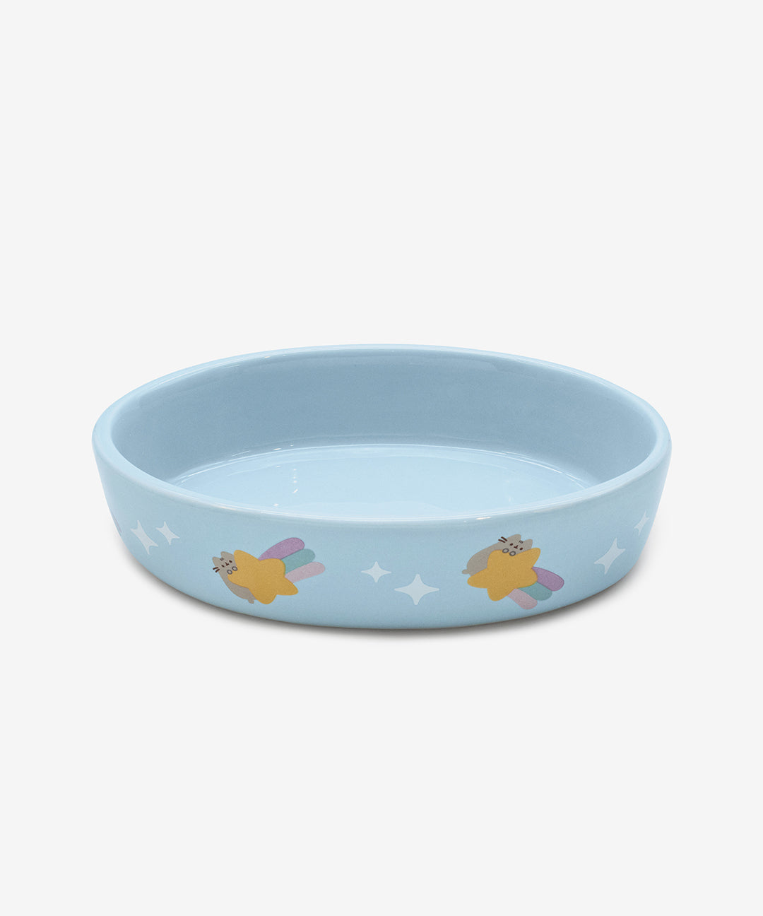 Aerial view of blue pet bowl showing that the interior blue color matches the exterior blue color of the ceramic bowl.