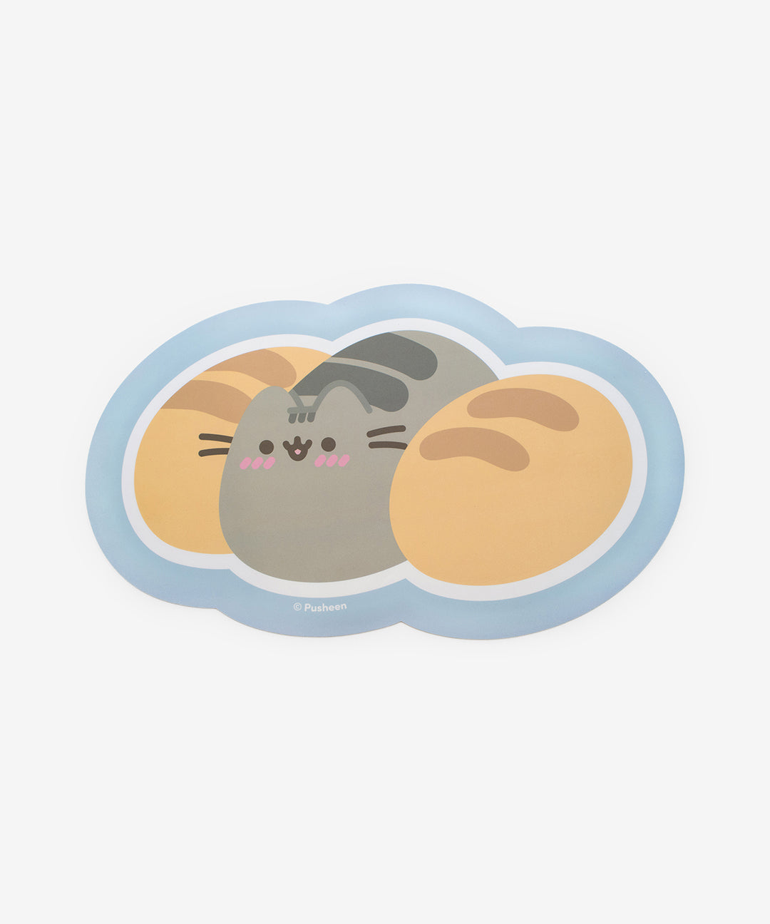 Pusheen Pet Breads Foot Mat features a graphic of Pusheen the Cat in between two perfectly baked loaves of bread. The outline of the food mat is blue.