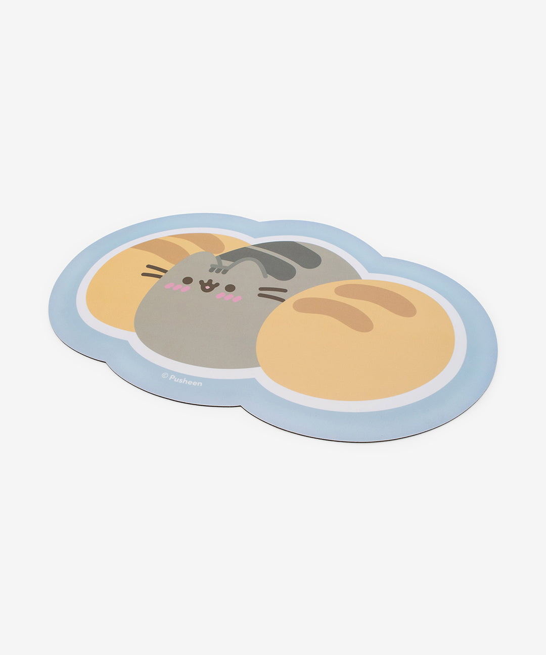Alternate view of the Breads-themed pet food mat that has a rounded cloud shape that outlines the Pusheen Breads graphic.