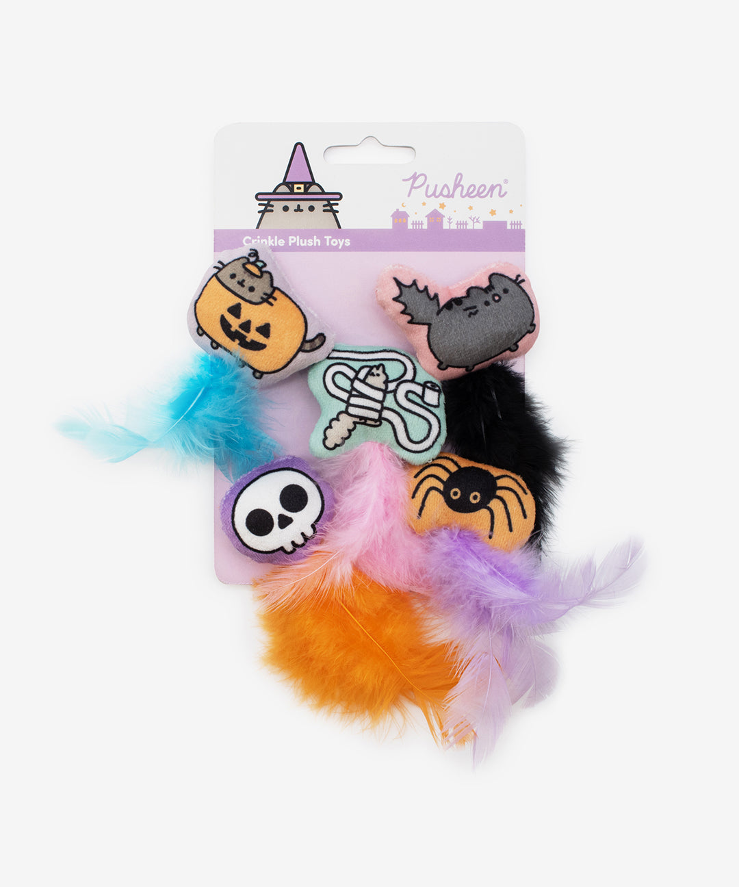 Halloween-themed pet plush toys on their packaging backer card. The card is purple and white and has the text "Pusheen" and "crinkle plush toys."