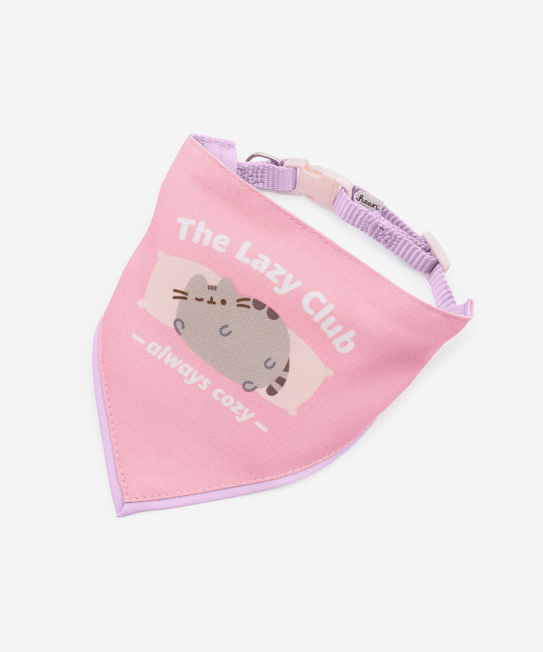 Front view of Pusheen Pet Lazy Club Bandana. A pink bandana with a Pusheen print is attached to a light purple collar with light pink hardware.
