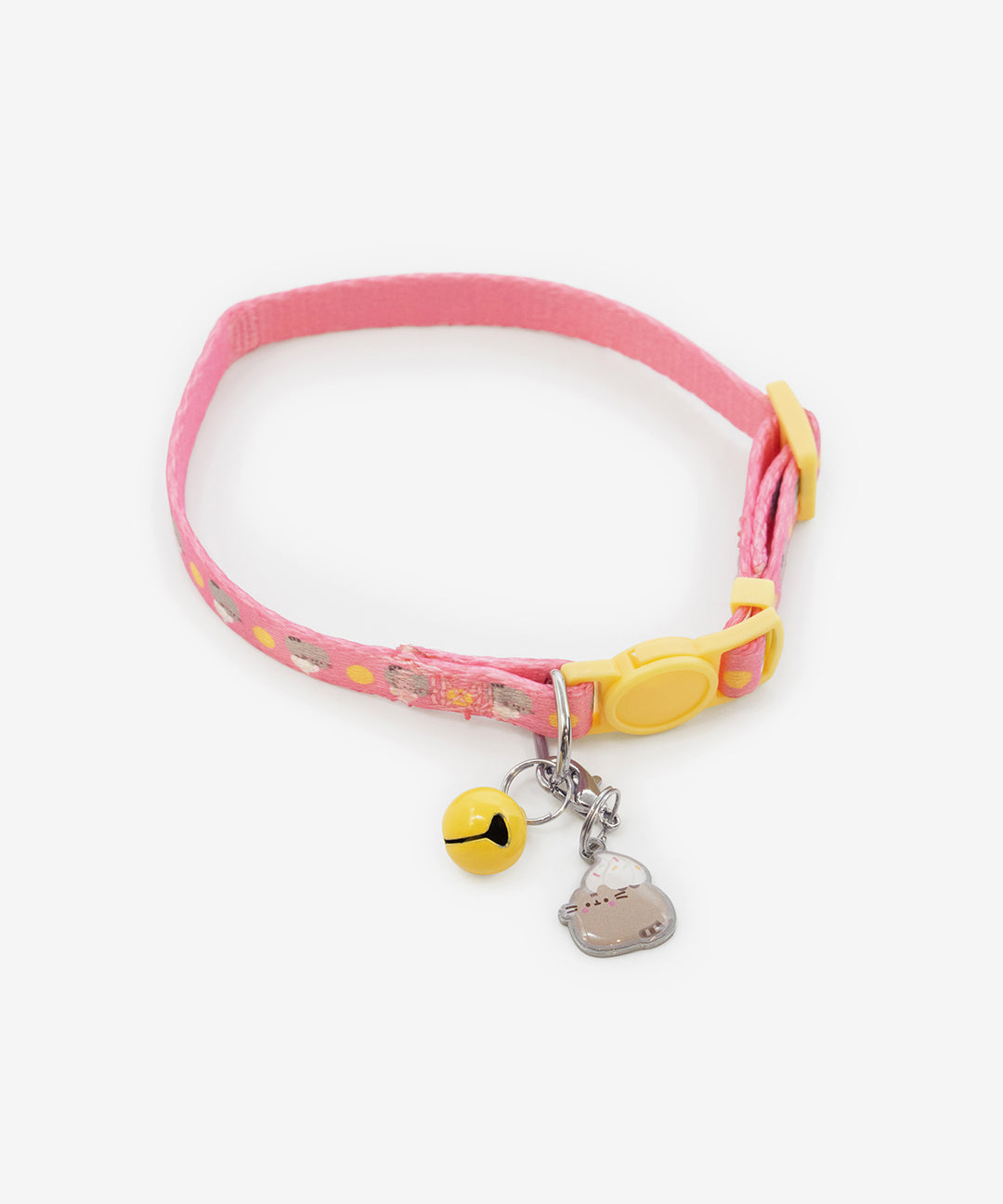 Pusheen Pet Pink Collar has a pink base with a print of Pusheen the Cat with a dollop of whipped cream on her back. The collar has yellow plastic hardware that makes the print.
