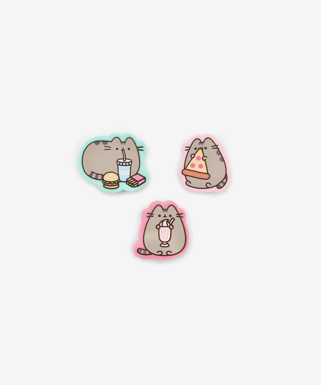 Pusheen Pet Slide-On Collar Charms have three options all showing Pusheen enjoying various snack foods and drinks including a burger, fries, soda, slice of pizza, and a milkshake.