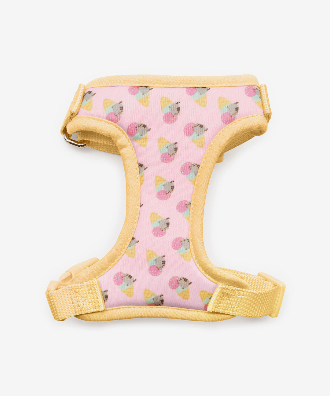 Exterior view of the Pusheen Pet Yellow Harness. The interior is light pink with an all over pattern of  Pusheen and ice cream cones. The harness trim is yellow.