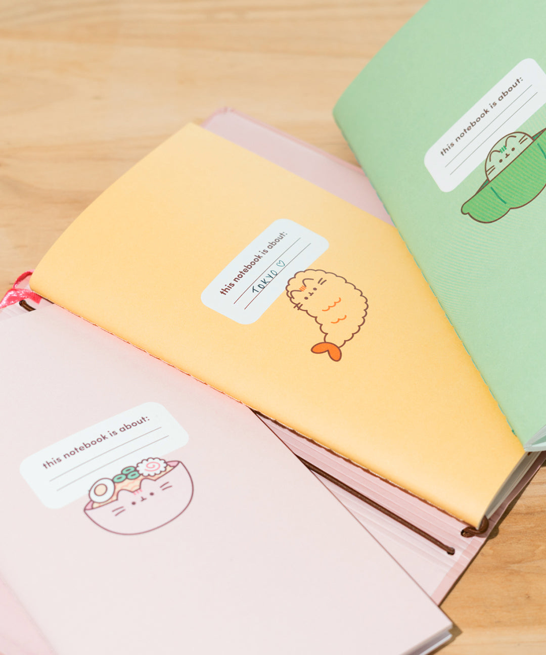 Close-up of the three sections of paper included in the notebook. Each section is a different color, features a different ramen or bento icon, and includes a space to write "this notebook is about:"