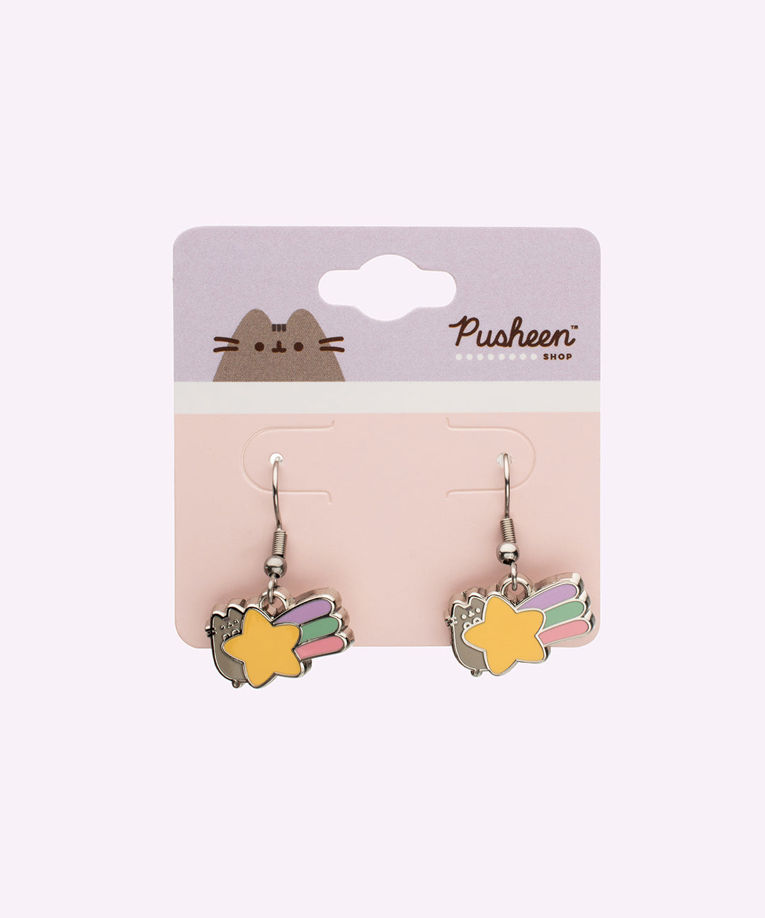 Pusheen Star Dangle Earrings featuring Pusheen with a multi-colored shooting star with silver details. The earrings are displayed on a pink, purple, and white backer card.