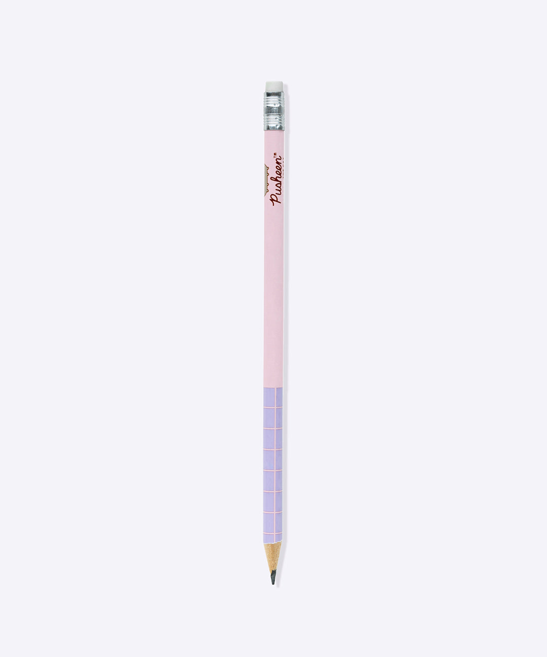 Close-up of the included pencil that comes with the notepad. The two-toned pink and purple pencil has a grid pattern near the sharpened edge and an eraser on the other end. 