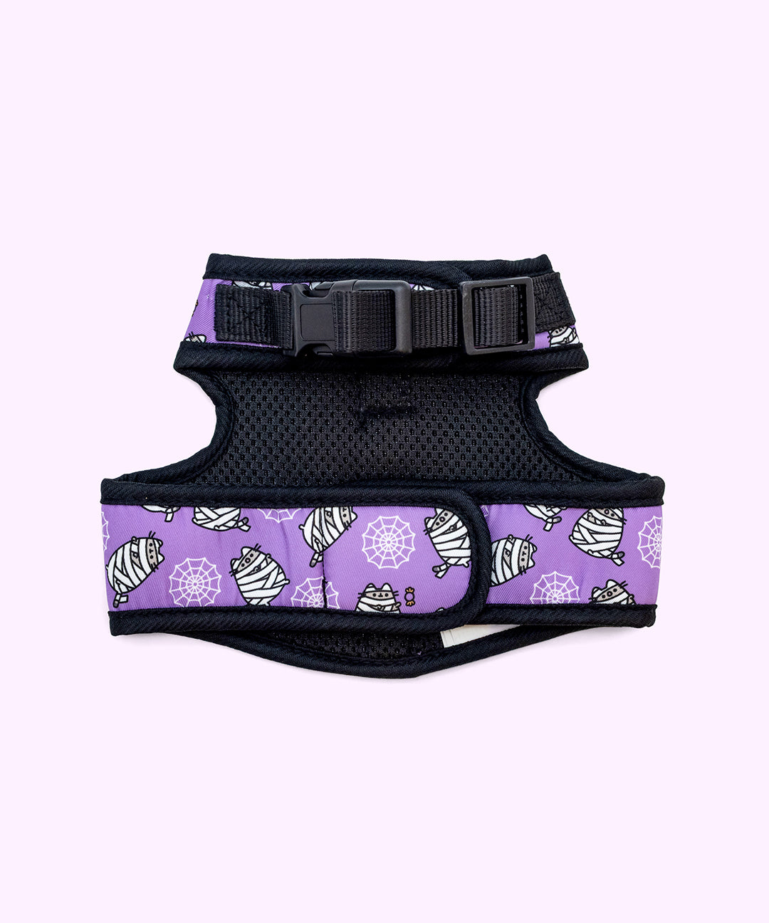 Underside view of the Pusheen Pet Halloween Harness. The belly band is adjustable via a velcro strap while the neck band is adjustable via a clip and buckle.