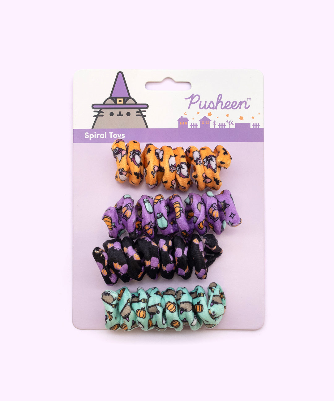 Pusheen Halloween Pet Spiral Toys 4-pack attached to its white and purple paper backing card.