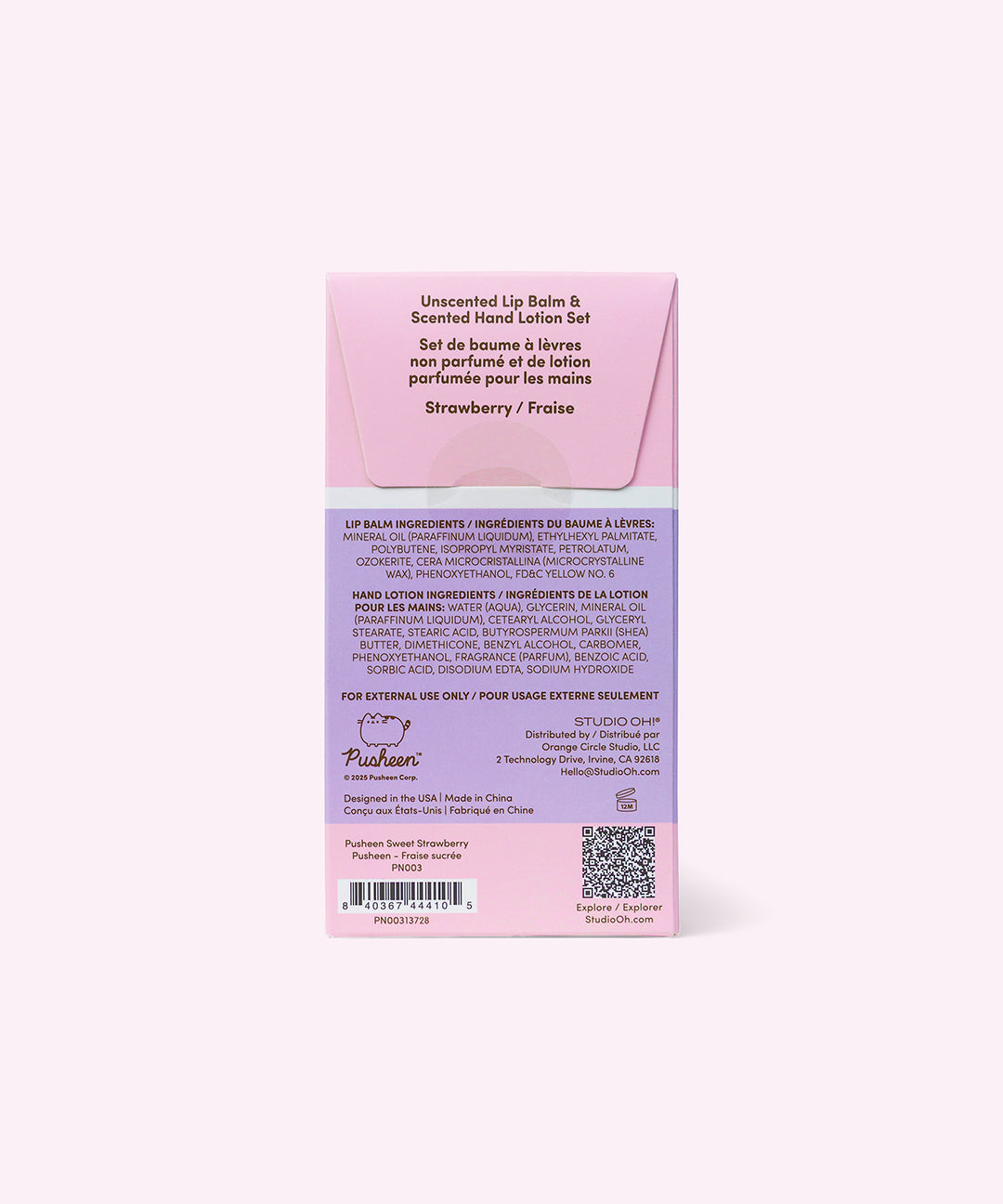 Back view of the Pusheen lip balm and hand lotion set. The packaging is pink and light purple and includes the ingredient list for both items in the set. 