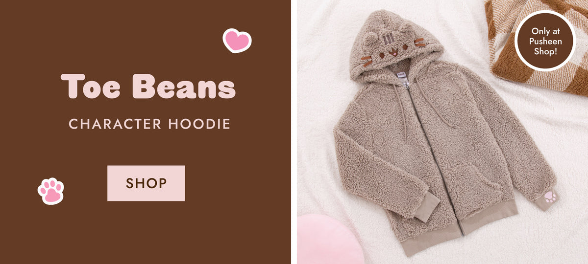 Pusheen Character Hoodie with added sleeve cuff thumb hole and pink paw print embroidery