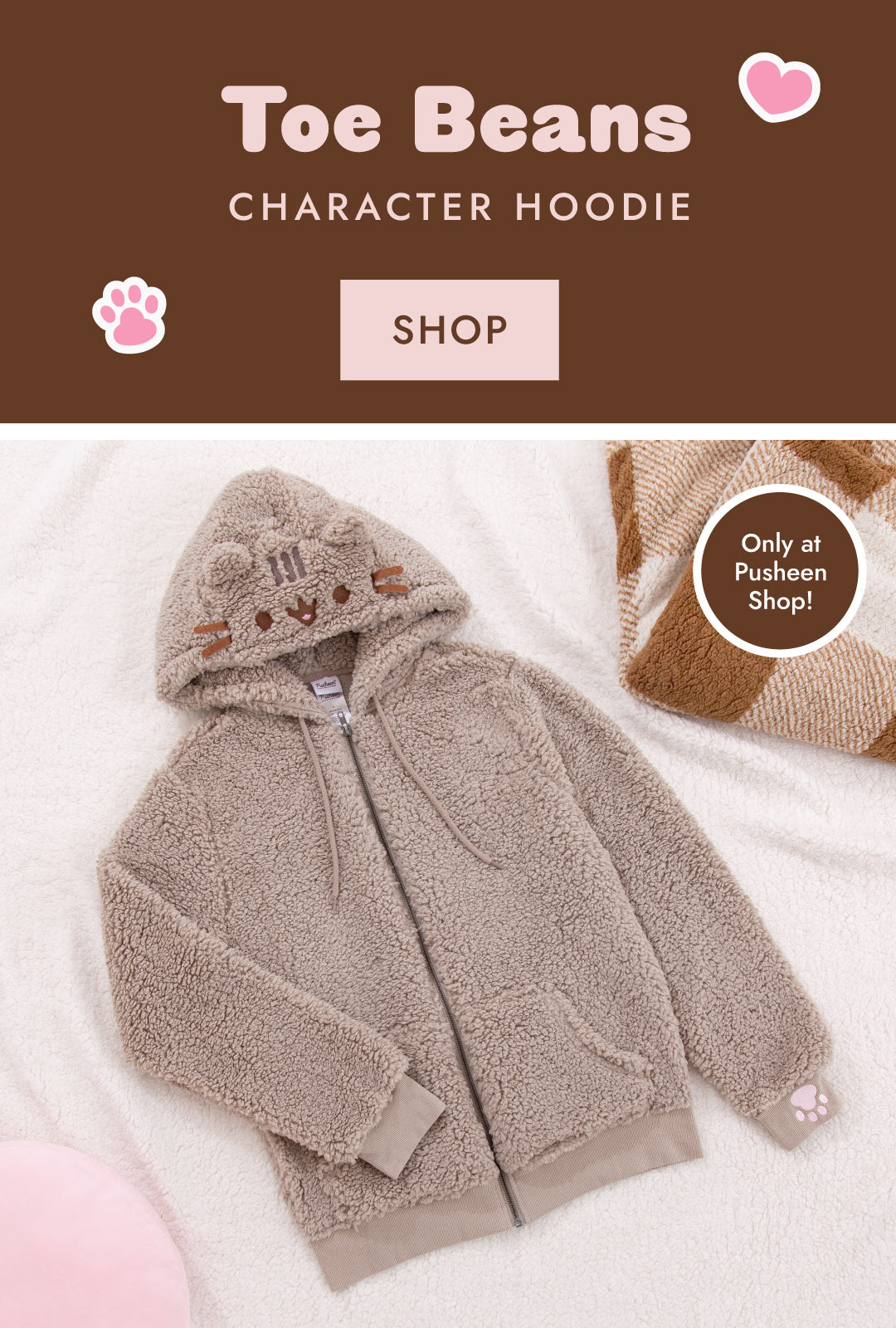 Pusheen Character Hoodie with added sleeve cuff thumb hole and pink paw print embroidery