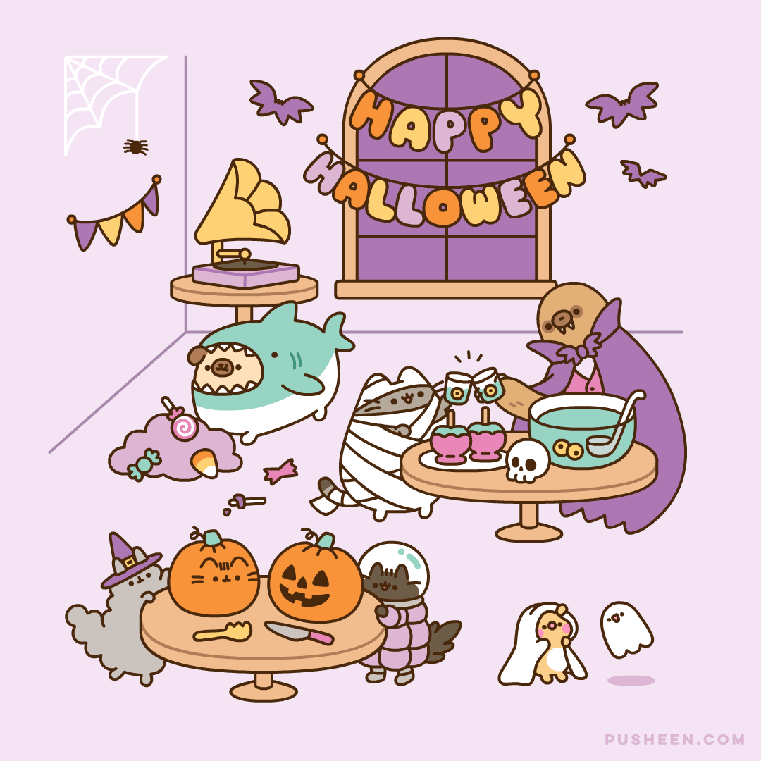 Happy Halloween! Pusheen & friends are shown at a Halloween party.