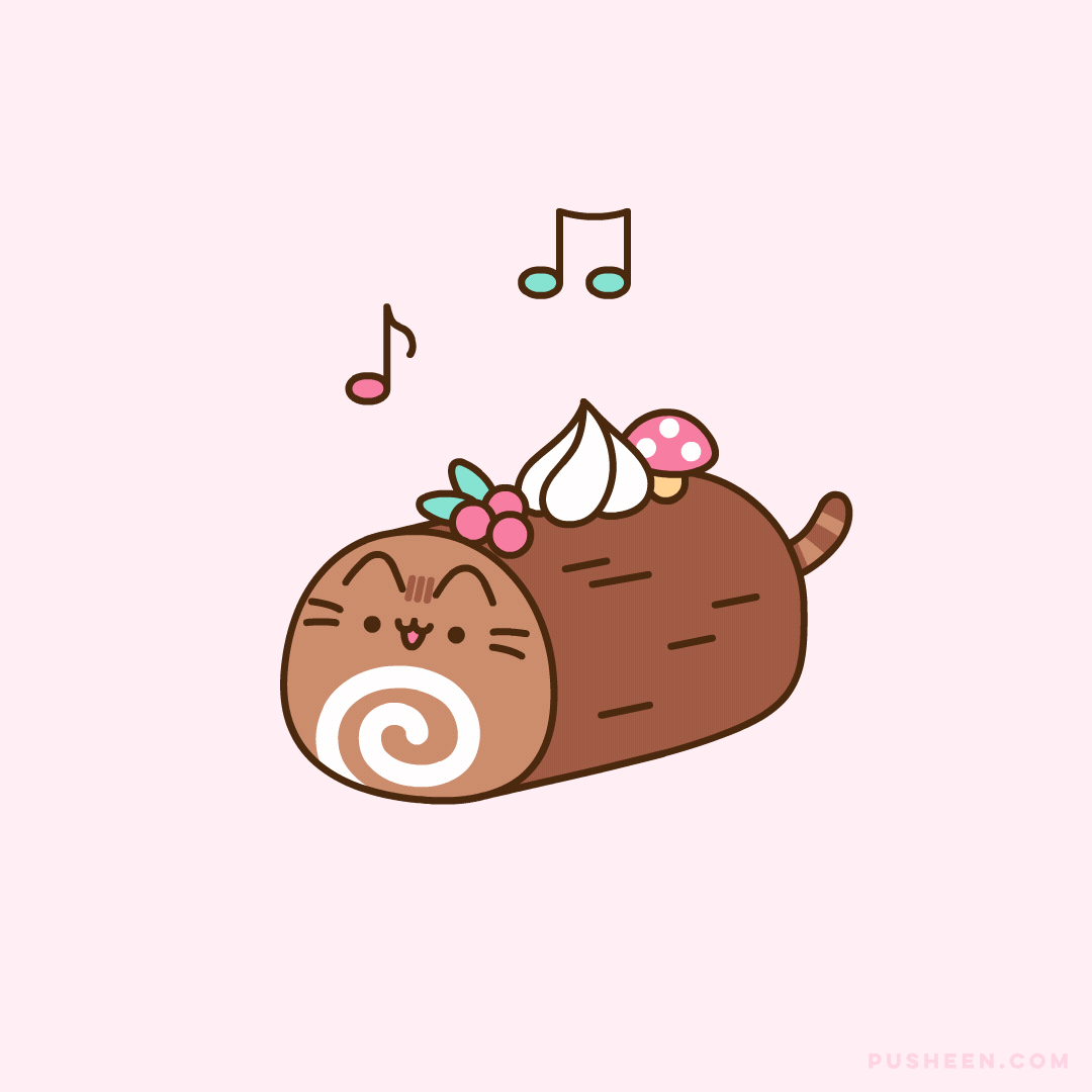 Festive Yule Log Pusheen swaying and surrounded by music notes