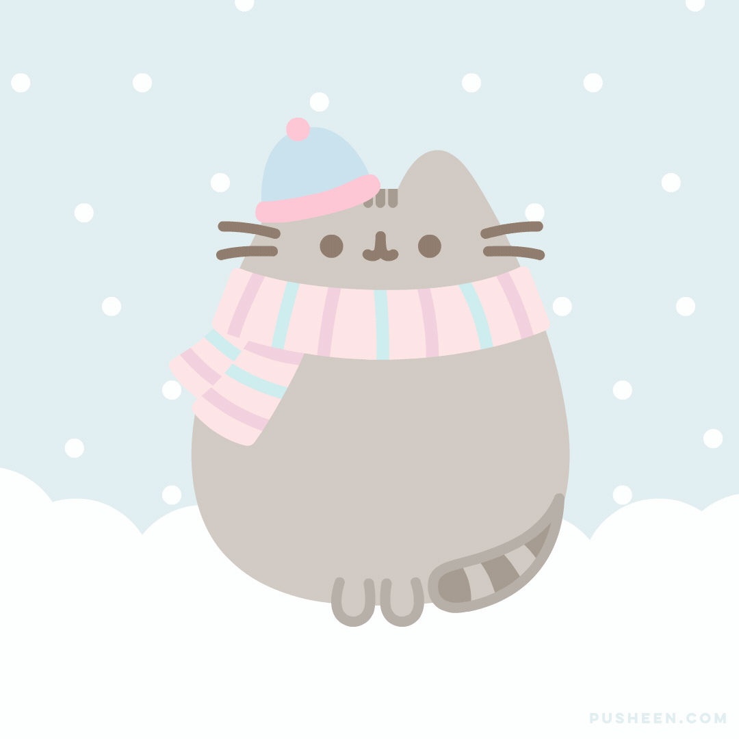Frosted Screen - Pusheen draws a heart on the screen with her paws, and then frames her face with the heart. Snow falls around her.